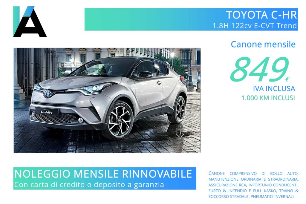 Toyota C-HR ibrida benzina automatica. Noleggio mensile rinnovabile. Anche senza carta di credito. Montebelluna