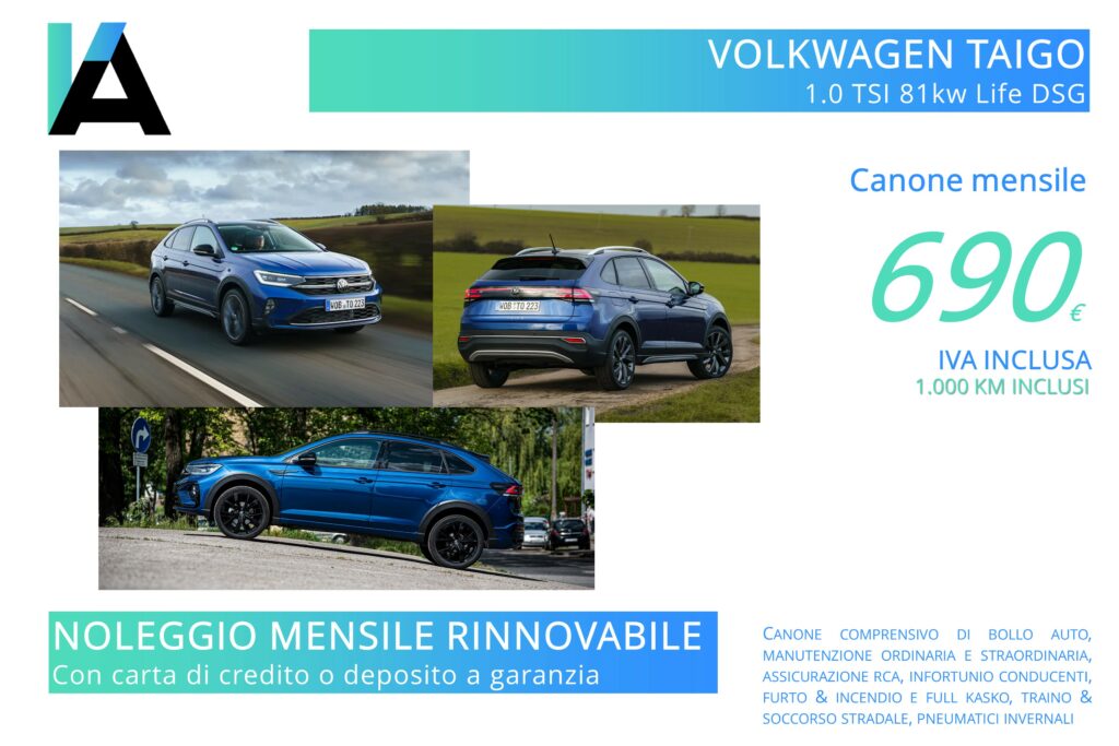 VolksWagen Taigo benzina automatica. Noleggio mensile rinnovabile. Anche senza carta di credito. Montebelluna